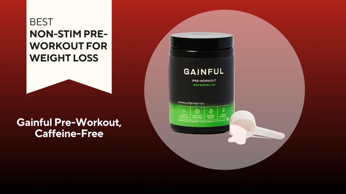 An image of watermelon-flavored, caffeine-free Gainful Pre-Workout against a red background